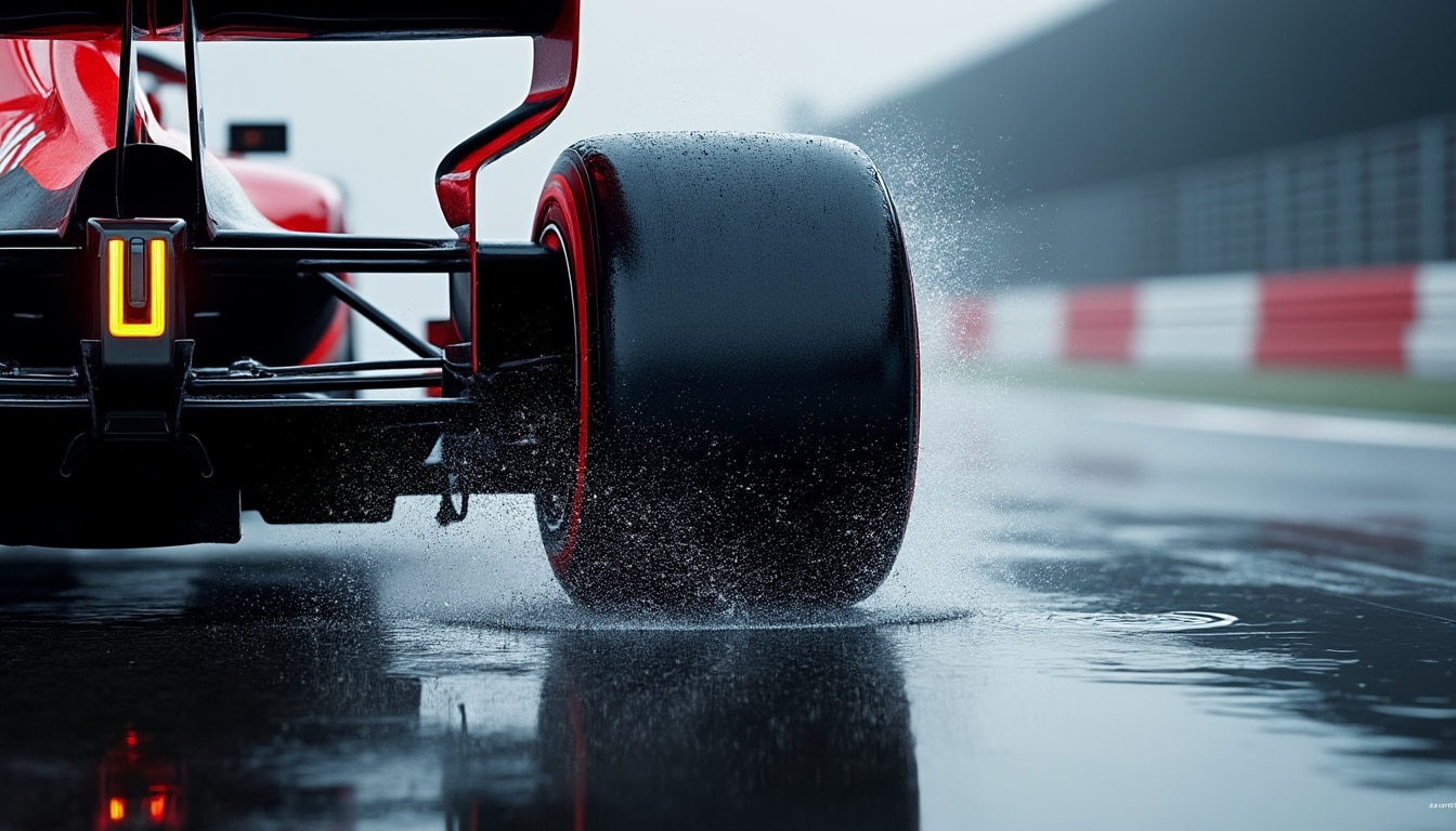 analyse de l'adhérence des pneumatiques sur piste mouillée grâce aux données télémétriques recueillies par l'écurie de formule 1 pour optimiser la performance et la sécurité.