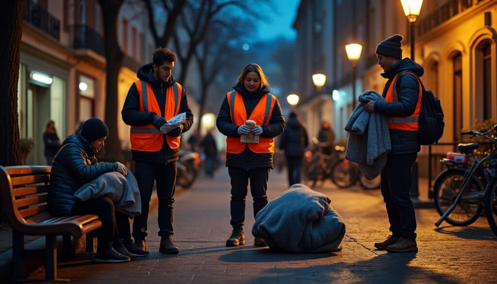 organisation de maraudes nocturnes pour venir en aide aux sans-abri de la métropole, coordonnée par un collectif engagé dans le soutien des personnes en grande précarité.