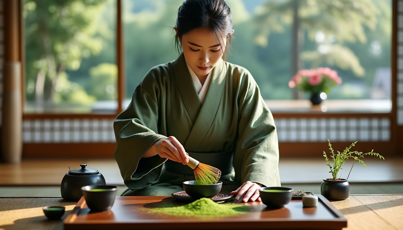 découvrez l'art authentique du thé matcha lors d'une dégustation traditionnelle guidée par une maîtresse de thé japonaise, une expérience immersive au cœur de la cérémonie japonaise.